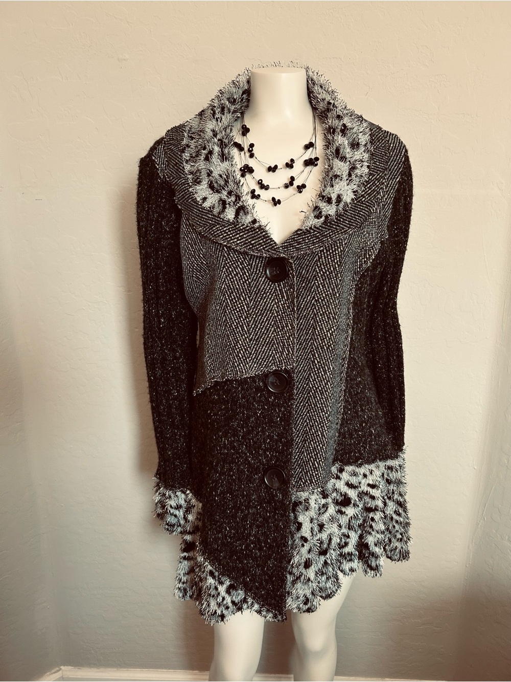 Sioni Black & Gray Mixed-Knit Cardigan with Faux-Fur Trim
